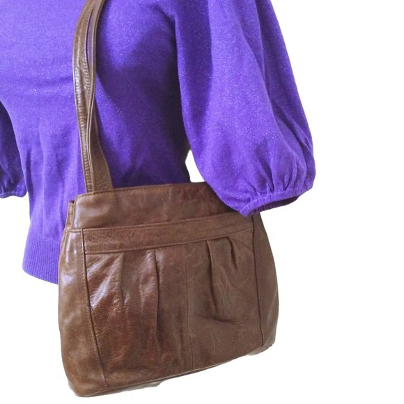 Vintage 90s Mexican Leather Handbag Heavy Duty Hobo Shoulder 9x11 Brown Patina - Picture 2 of 11